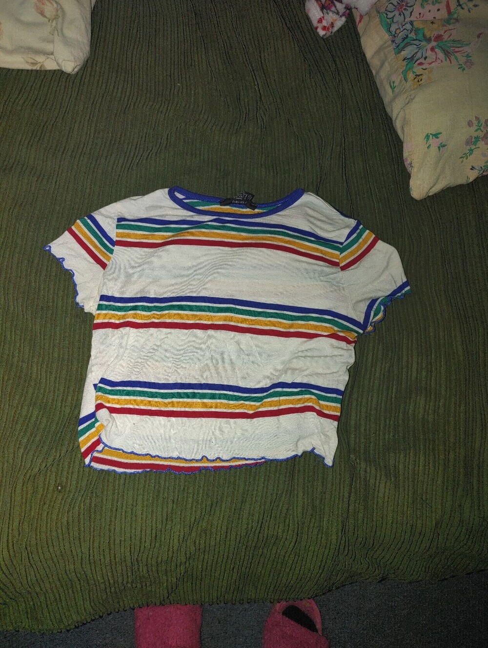 White Rainbow Stripe Ruffle Hem Crop Tee